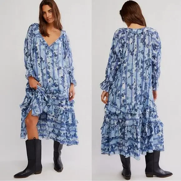 Free People Dainty Ruffle Cottage Garden Wonders Maxi Dress in Blue Combo Large - Picture 7 of 14